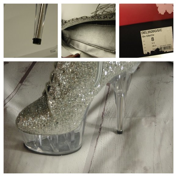 NIB NWOT Pleaser Knee Hi Delight 2020 Silver Glitter Boot Lace Up Inner Zip SZ 8 - Picture 2 of 16